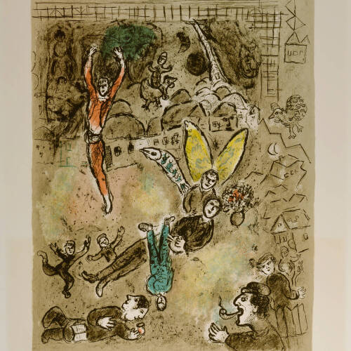 Color lithograph print with multiple people doing different things, mostly in shades of brown. On person in red appears to be dancing, another has yellow wings.
